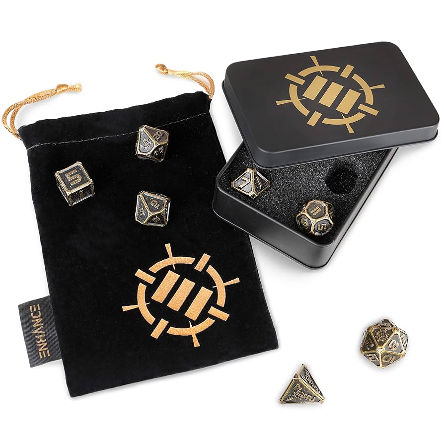 ENHANCE: Tabletop RPGs DnD Metal Dice Set with Case and Dice Bag