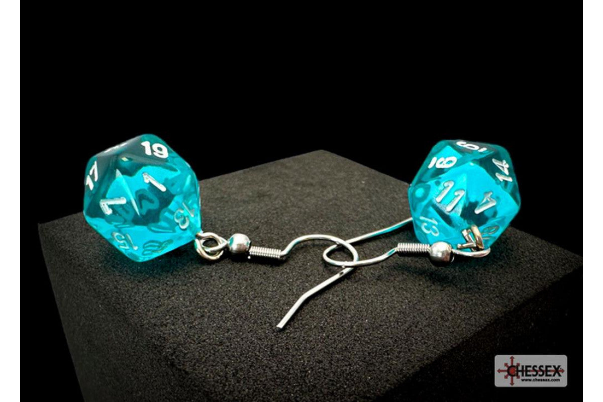 Chessex Hook Earrings Translucent Teal Mini-Poly d20 Pair