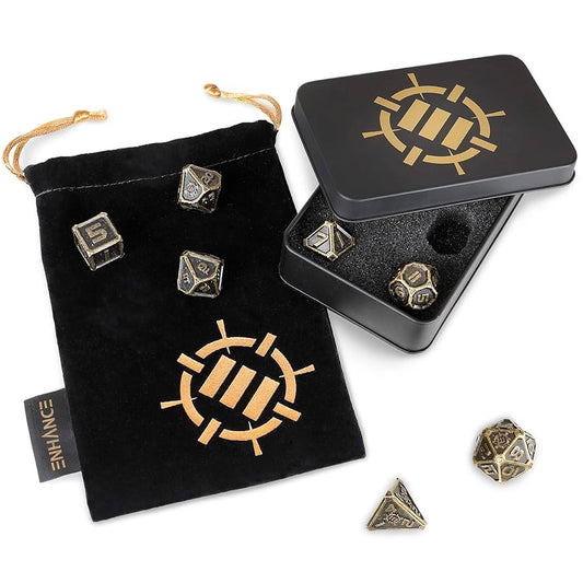 ENHANCE: Tabletop RPGs DnD Metal Dice Set with Case and Dice Bag