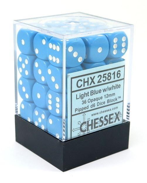 Chessex: Opaque 12mm d6 with pips Dice Blocks (36 Dice) - Light Blue w/white