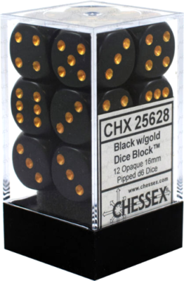 Chessex: Opaque 16mm d6 with pips Dice Blocks (12 Dice) - Black w/gold